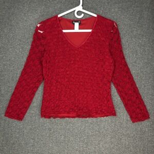 B.I.Y.A.Y.C.D.A. Y2K Top Red Long Sleeve Velour Crochet Lined Women's M Romantic